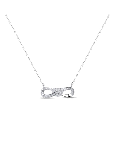 Este collar de plata rodiada presenta un encantador diseño de infinito con un corazón adornado con circonitas, todo en un tamaño