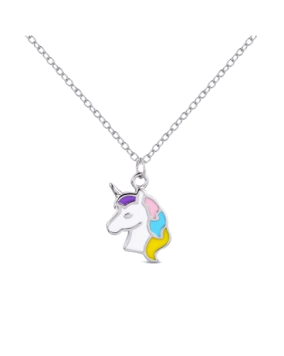 Este collar de plata rodiada viene acompañado de una delicada cadena con un diseño de unicornio esmaltado. El colgante tiene un 