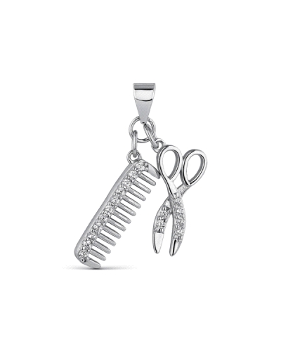 Un colgante de plata con forma de peine y tijeras, adornado con circonitas para un toque de brillo. Este diseño creativo y único