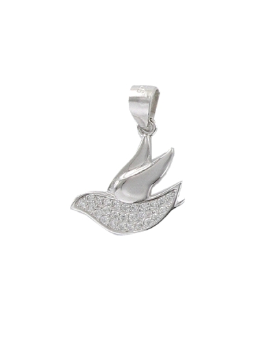 Un colgante de plata con forma de paloma, adornado con circonitas para un toque de brillo adicional. Este diseño evoca la paz y 