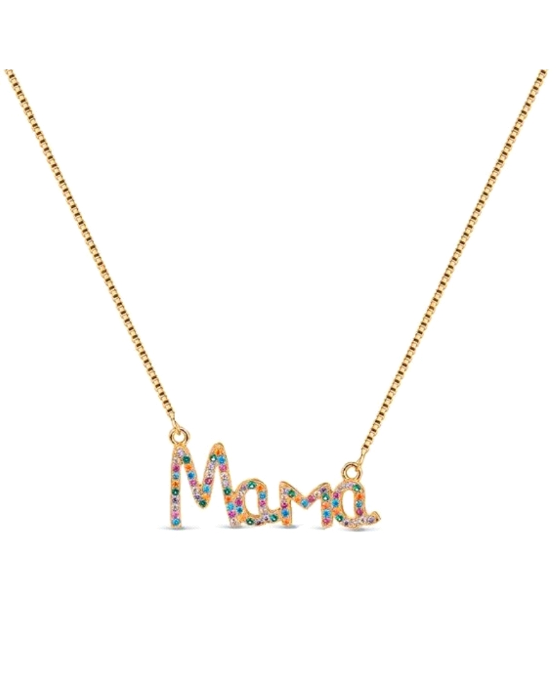 Este encantador colgante presenta un diseño de plata chapada en el que la palabra "Mamá" está decorada con múltiples colores, añ