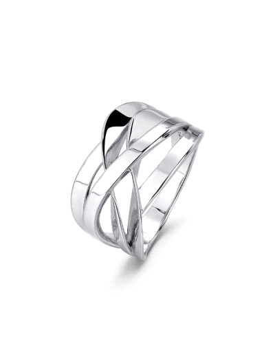 Este elegante anillo de plata rodiada presenta un diseño único y moderno con un estilo cruzado. El rodiado realza el brillo y la