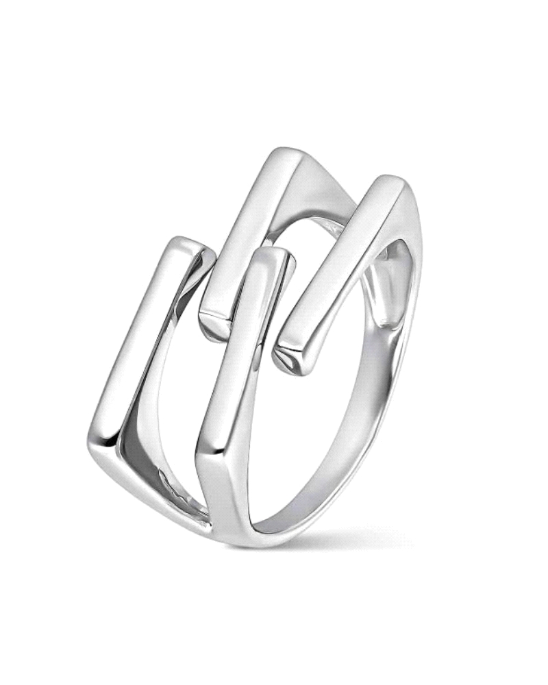 Este elegante anillo de plata rodiada presenta un diseño moderno y minimalista con hilos planos rectangulares que se entrelazan 