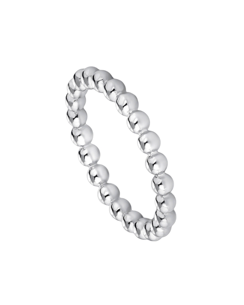 Este anillo de plata rodiada presenta un diseño encantador con bolitas de 3 mm que adornan todo el aro del anillo. El rodiado re