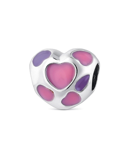 Este encantador abalorio de plata tiene la forma de un corazón y está decorado con esmalte rosa y lila. Cada detalle está meticu
