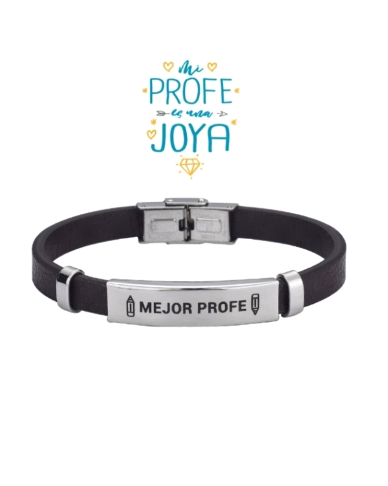 Pulsera de acero y cuero con la inscripción "Mejor Profe" grabada. Combina la durabilidad del acero con la comodidad y estilo de