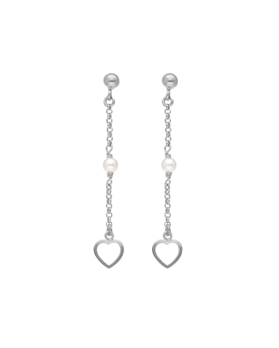 Los pendientes largos de plata con cadena, perlas y corazón bañados en rodio son una opción encantadora y elegante para cualquie