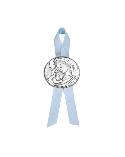 Una medalla de cuna doble virgen con el niño en el regazo, en tono azul, de 6 cm, con acabado mate y brillo, sería una pieza enc