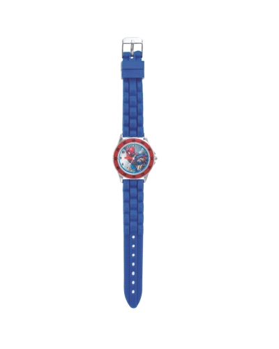 El reloj analógico cuenta con un bisel rojo que enmarca una esfera adornada con la emblemática figura de Spiderman, añadiendo un