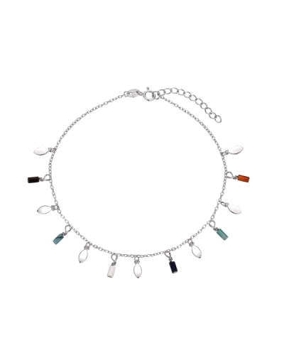 La tobillera de plata rodiada presenta una cadena adornada con piedras naturales y hojas colgantes, con una longitud ajustable d