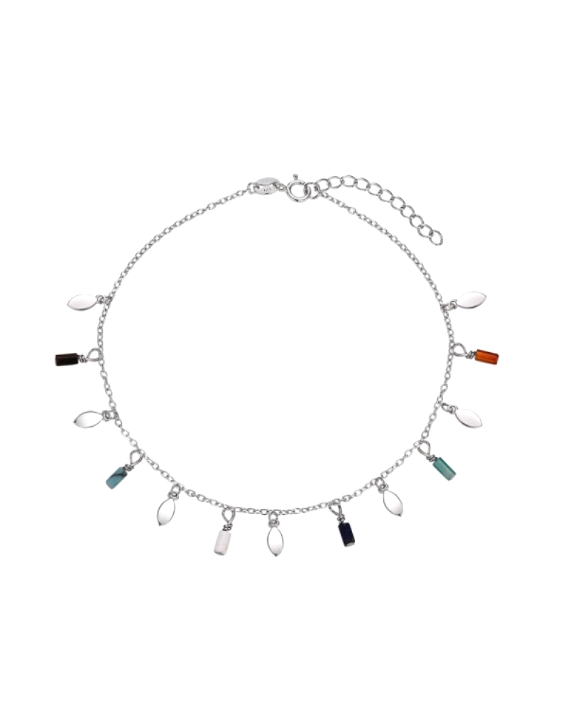 La tobillera de plata rodiada presenta una cadena adornada con piedras naturales y hojas colgantes, con una longitud ajustable d