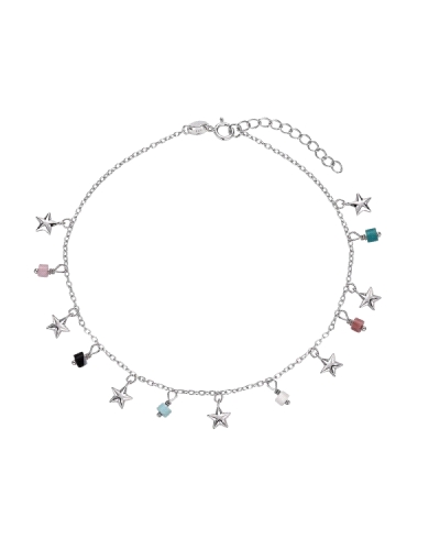 La tobillera de plata rodiada tiene una cadena decorada con piedras naturales y estrellas colgantes, con una longitud ajustable 