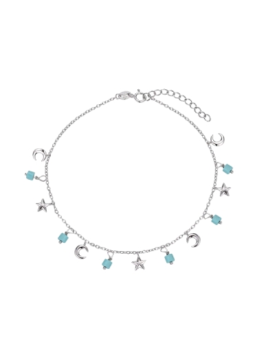 La tobillera de plata rodiada presenta una cadena adornada con piedras naturales, lunas y estrellas, con una longitud ajustable 