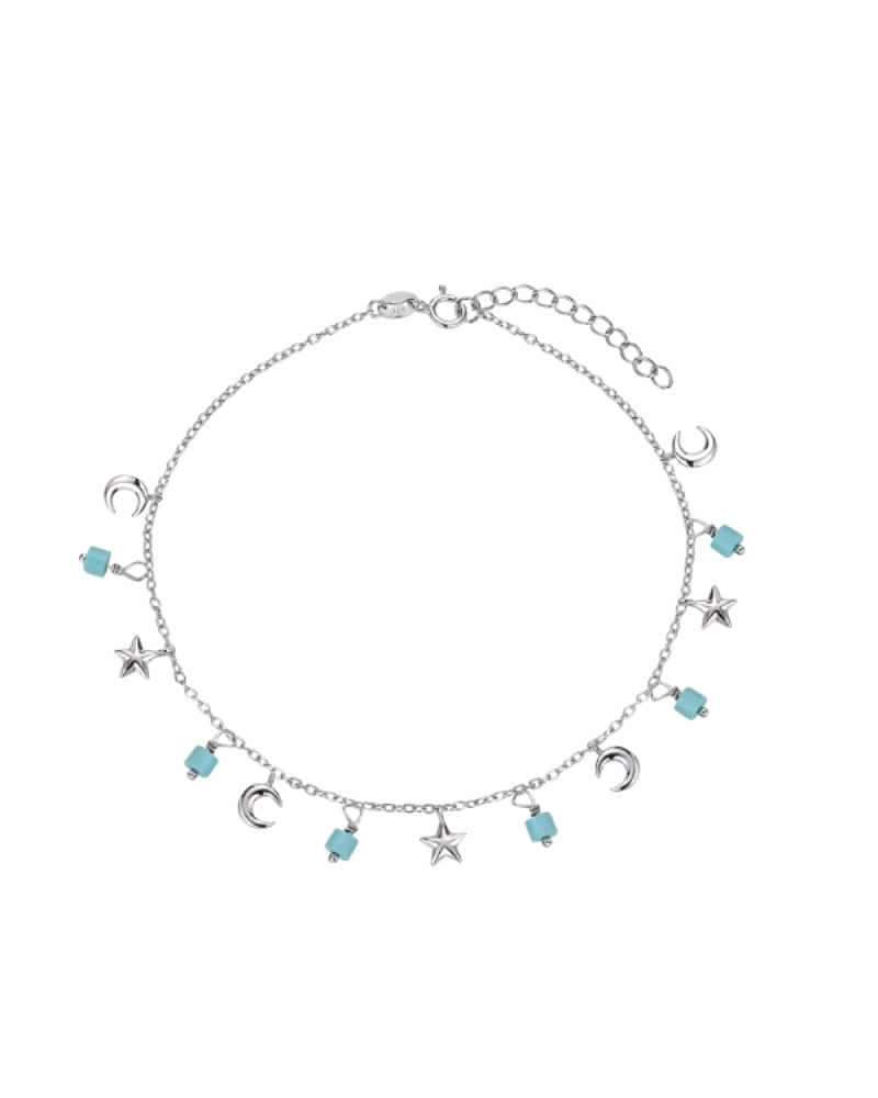 La tobillera de plata rodiada presenta una cadena adornada con piedras naturales, lunas y estrellas, con una longitud ajustable 