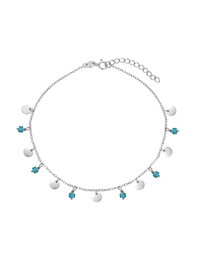 La tobillera de plata rodiada presenta una cadena decorada con piedras naturales y discos colgantes, con una longitud ajustable 