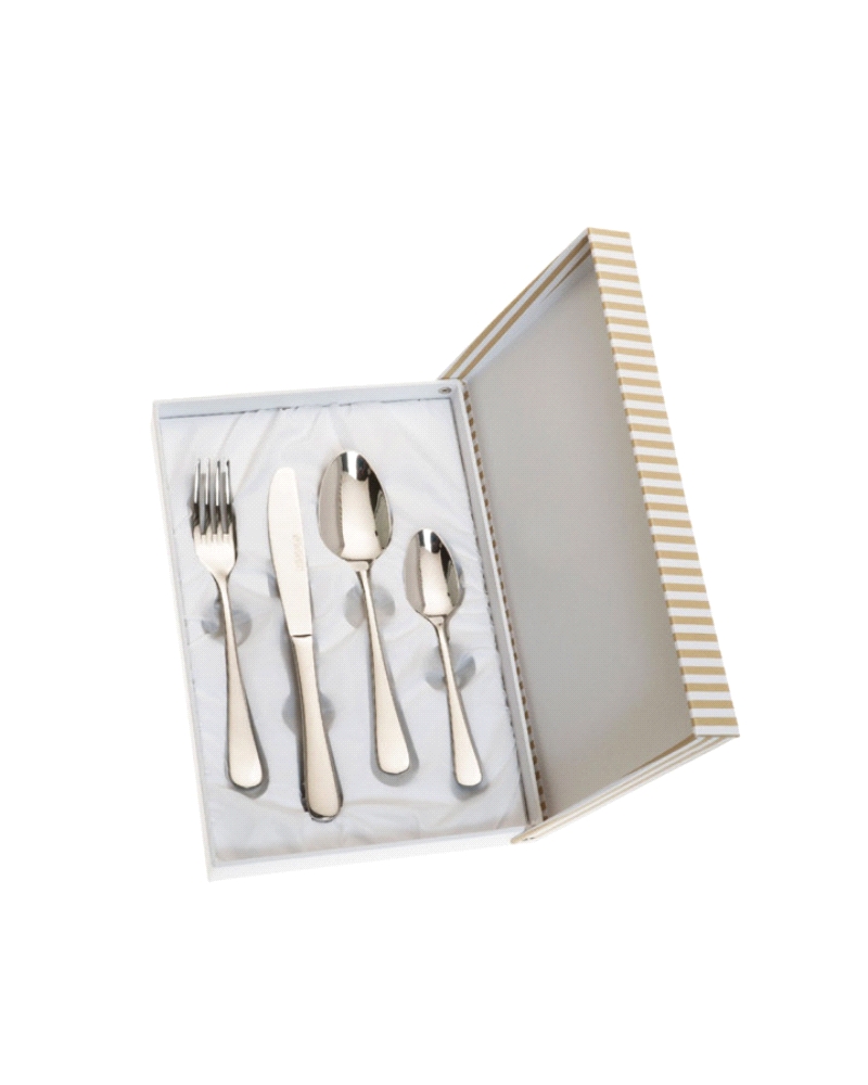 Este elegante set de cubiertos está diseñado para aquellos que valoran la calidad y el estilo en cada comida. Compuesto por cuat