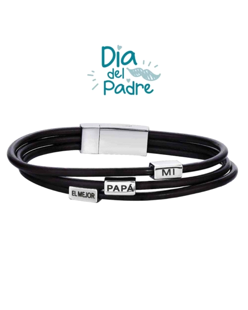 Pulsera perfecta de acero y cuero, diseñada especialmente para el caballero que lleva el título de "Mi papá, el mejor". Esta pul