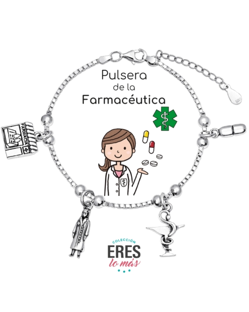 Esta pulsera de plata de ley presenta una elegante cadena veneciana acompañada por un encantador charm de farmacéutica. El charm