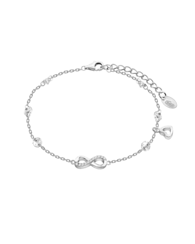 Pulsera de plata de ley con motivos de infinitos y cristales blancos. Esta elegante pulsera está elaborada en plata de ley de al