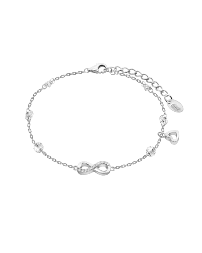 Pulsera de plata de ley con motivos de infinitos y cristales blancos. Esta elegante pulsera está elaborada en plata de ley de al