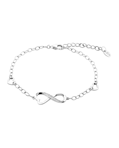 Pulsera de plata de ley con símbolo de infinito engarzado con circonitas y dos corazones a los lados. Esta delicada pulsera está