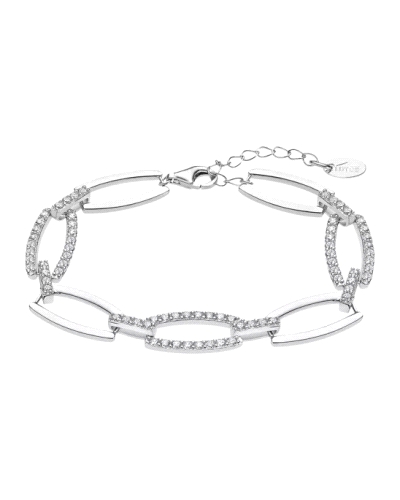 Pulsera de plata de ley con eslabones engarzados en circonitas blancas. Esta exquisita pulsera está elaborada en plata de ley de