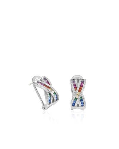 Pendientes cierre omega de plata diseño raíles cruzados con gemas multicolor para mujer. Pendientes cierre omega de plata formad