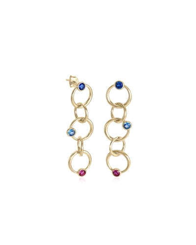 Pendientes largos de plata con baño dorado círculos entrelazados y gemas multicolor para mujer. Un toque atrevido y colorido que