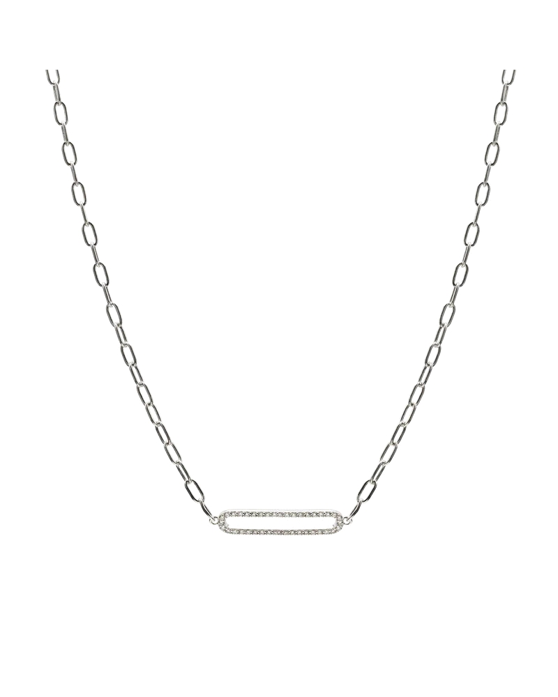 Este collar de plata de ley 925 presenta una cadena clásica con un elegante link central adornado con circonitas engastadas, que