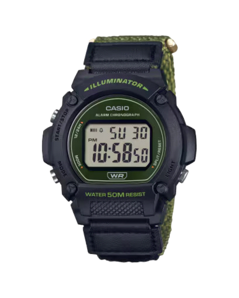 Este reloj digital para hombre combina funcionalidad y estilo con elegancia. Su correa de tela verde con cierre de velcro asegur