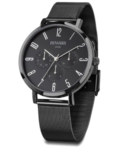 El reloj DuWard de la colección Elegance Wotosogola para hombre destaca por su elegante esfera negra con indicadores plateados, 