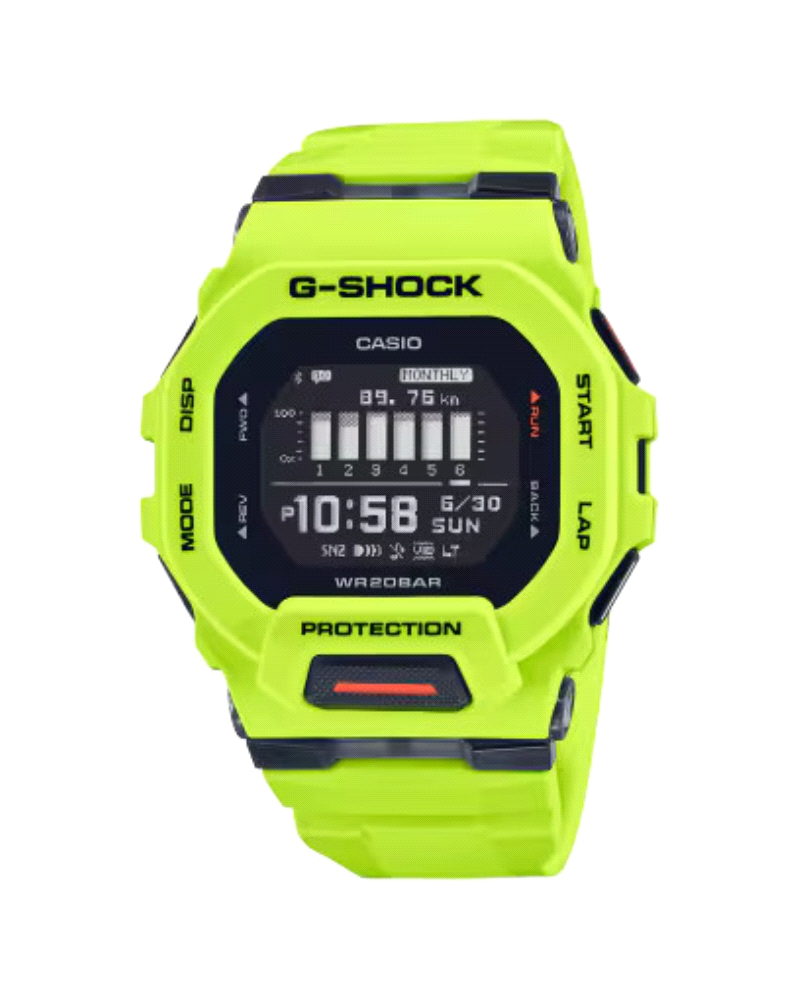 El G-SHOCK es un reloj deportivo delgado y resistente, con un diseño cuadrado en colores vibrantes. Incluye un botón de luz fron