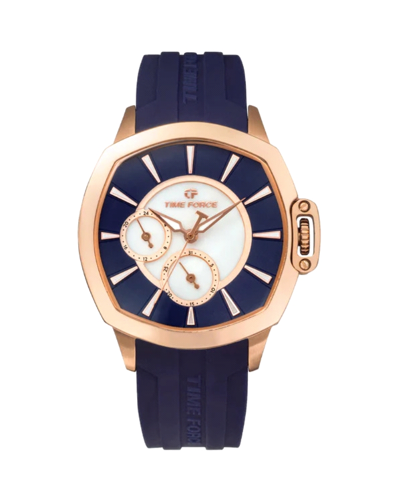 Este reloj destaca con una caja de acero de 36 mm, adornada con un elegante baño de oro rosa. La correa de caucho azul complemen