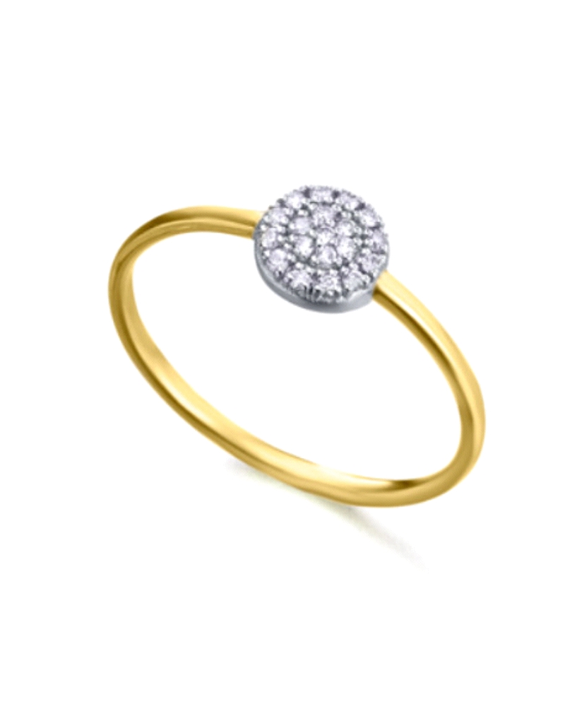 Este elegante anillo de oro amarillo de 18 quilates está adornado con una sofisticada roseta de diamantes. La roseta presenta di