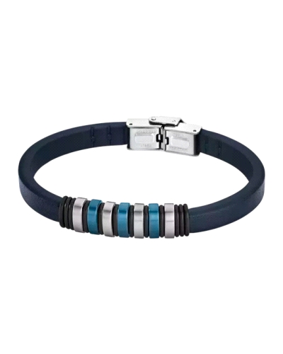 Pulsera para hombre fabricada con brazalte de piel en color azul con diversas piezas en acero inoxidable en su zona central en p