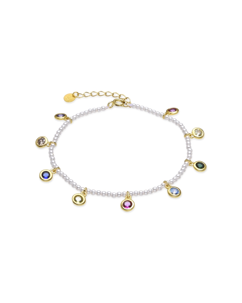 Pulsera Luxenter para mujer modelo Alori fabricada en plata bañada en oro amarillo 18Kt compuesta por pequeñas perlas blancas co