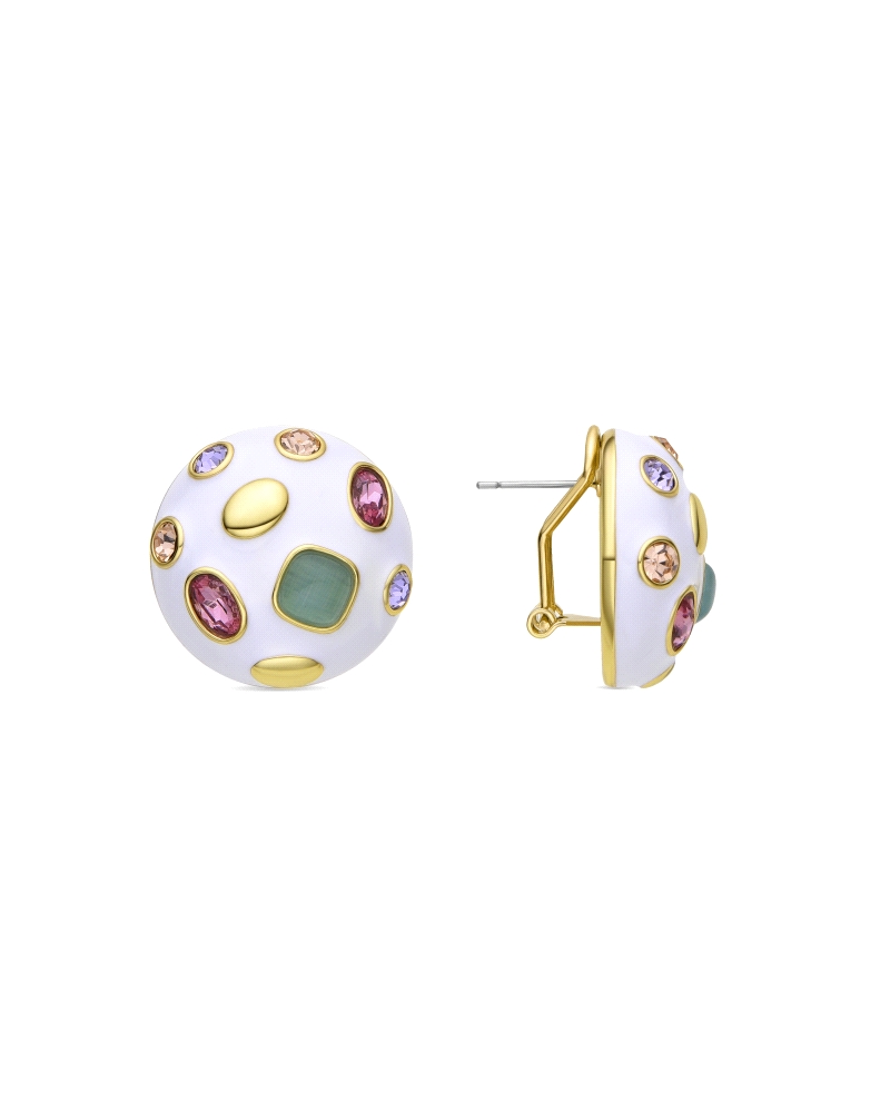 Pendientes chapados en oro amarillo de 18K con piedras de circonitas multicolores y piedra natural semipreciosa ojo de gato.
Lo