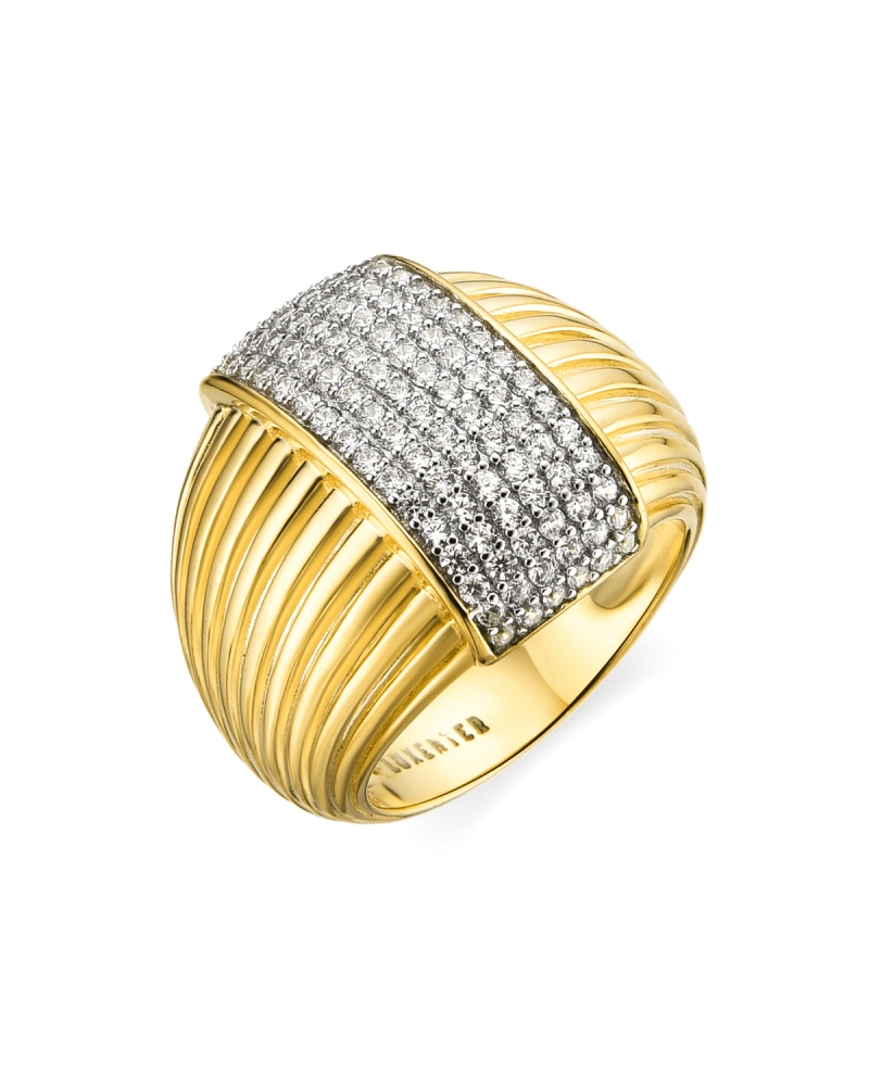 Un anillo sofisticado y delicado, elaborado en plata de ley con un elegante baño de oro amarillo que le otorga un brillo cálido 