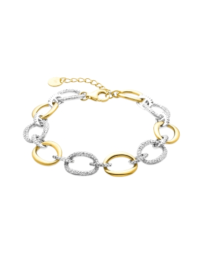 Pulsera elaborada en plata de ley bicolor, que combina el brillo del oro dorado con la elegancia del plateado. Esta pieza destac