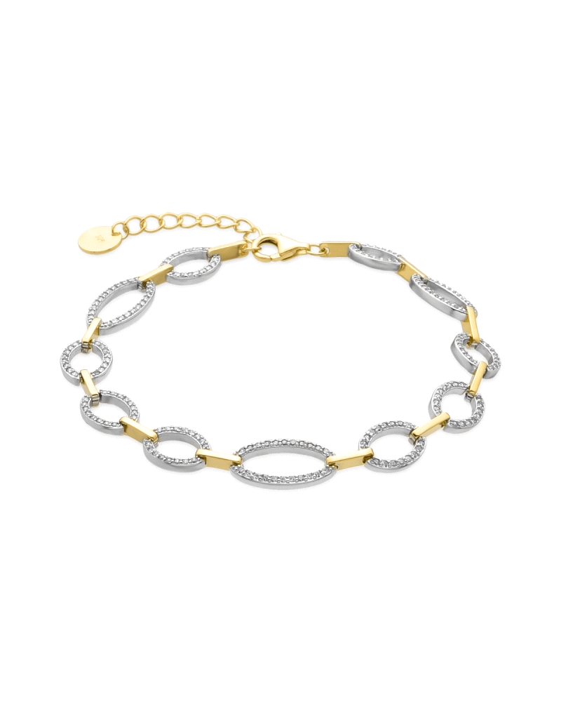 Pulsera elaborada en plata de ley bicolor, que combina el brillo del oro dorado con la elegancia del plateado. Esta pieza destac