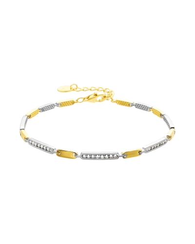 Pulsera elaborada en plata de ley bicolor, que combina el brillo del oro dorado con la elegancia del plateado. Esta pieza destac