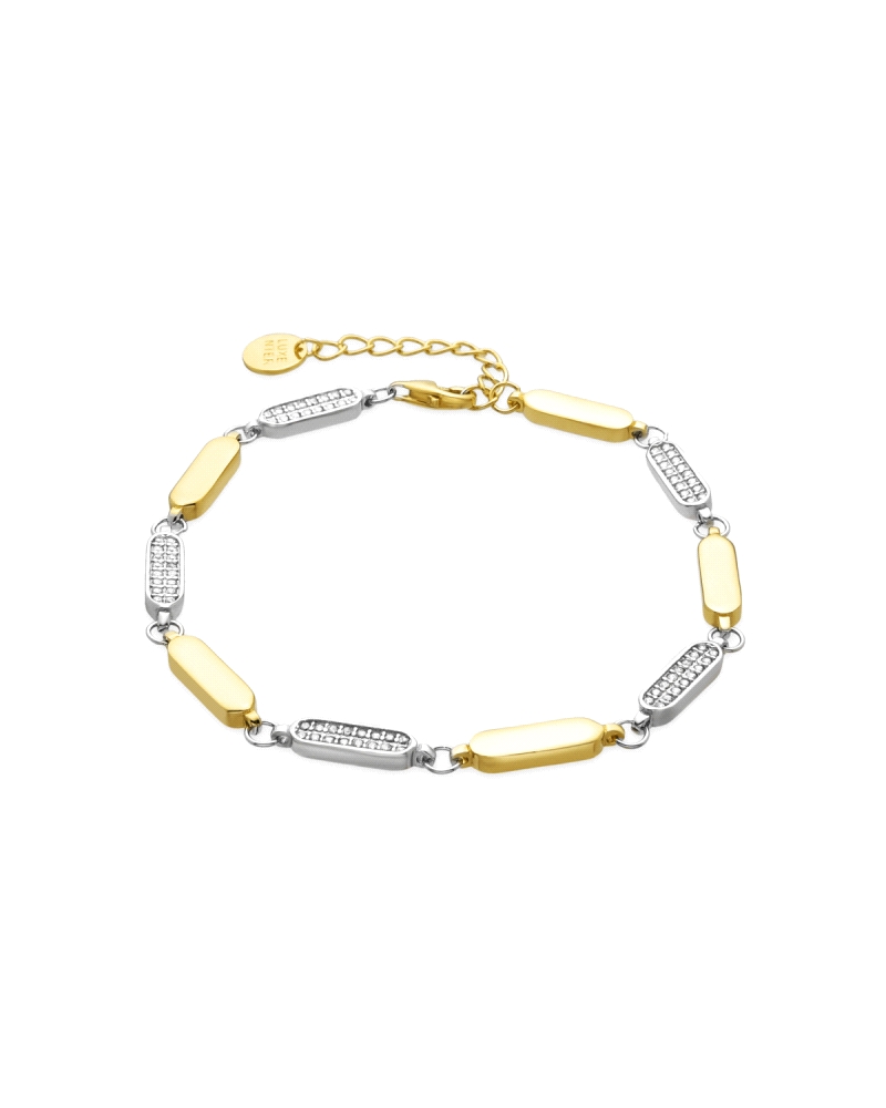 Pulsera elaborada en plata de ley bicolor, que combina el brillo del oro dorado con la elegancia del plateado. Esta pieza destac