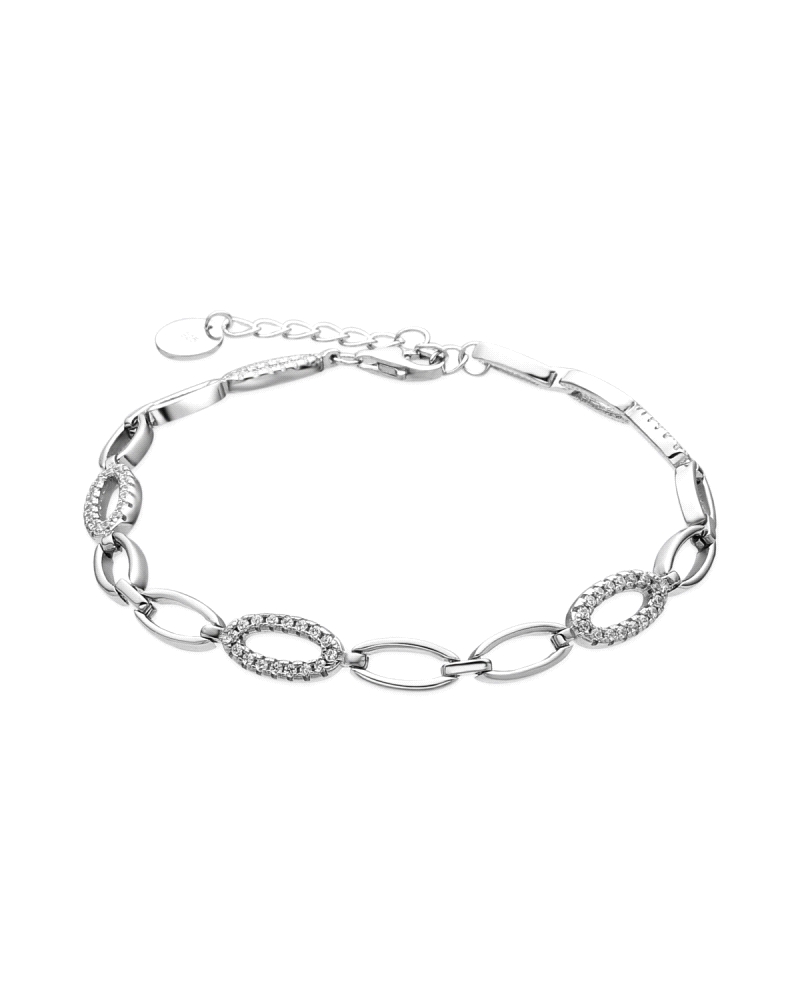 Pulsera elaborada en plata de ley 925, que destaca por su diseño moderno y elegante. Esta pieza está compuesta por eslabones int