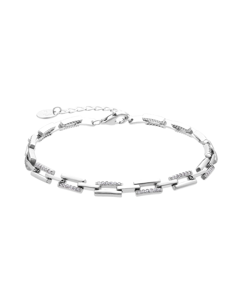 Pulsera elaborada en plata de ley 925, que destaca por su diseño moderno y elegante. Esta pieza está compuesta por eslabones int