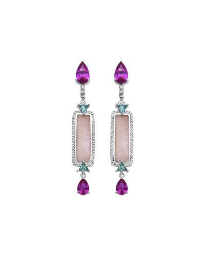 Pendientes elaborados en plata de ley 925, adornados con una vibrante combinación de cristales en tonos fucsias, turquesa y rosa