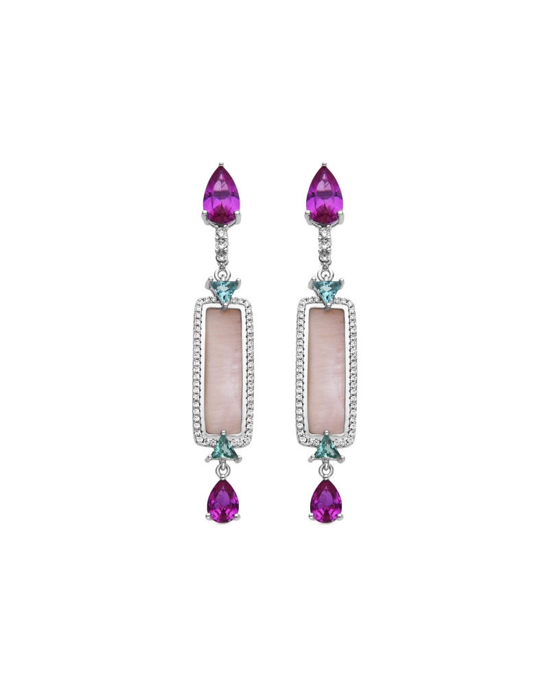 Pendientes elaborados en plata de ley 925, adornados con una vibrante combinación de cristales en tonos fucsias, turquesa y rosa