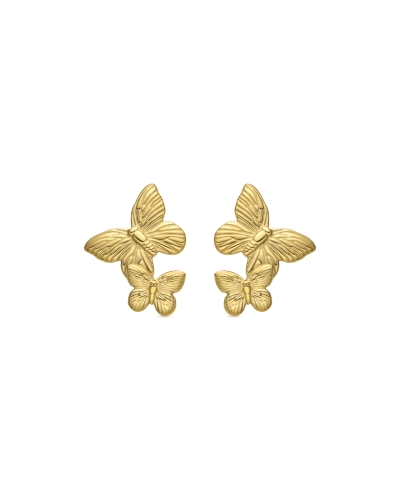 Pendientes elaborados en acero con un acabado en oro amarillo, diseñados con dos mariposas entrelazadas que simbolizan la libert