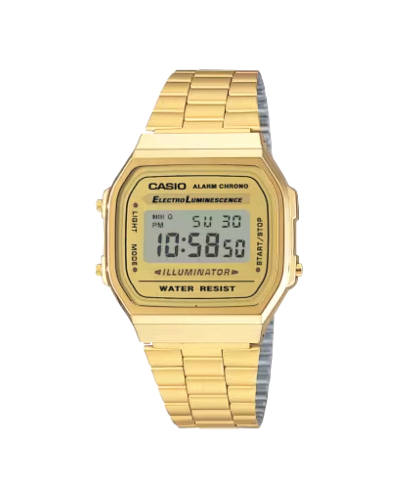 Reloj Casio A168WG-9EF cuenta con un panel electro-luminiscente que ilumina la esfera para facilitar la lectura. Incluye un cron