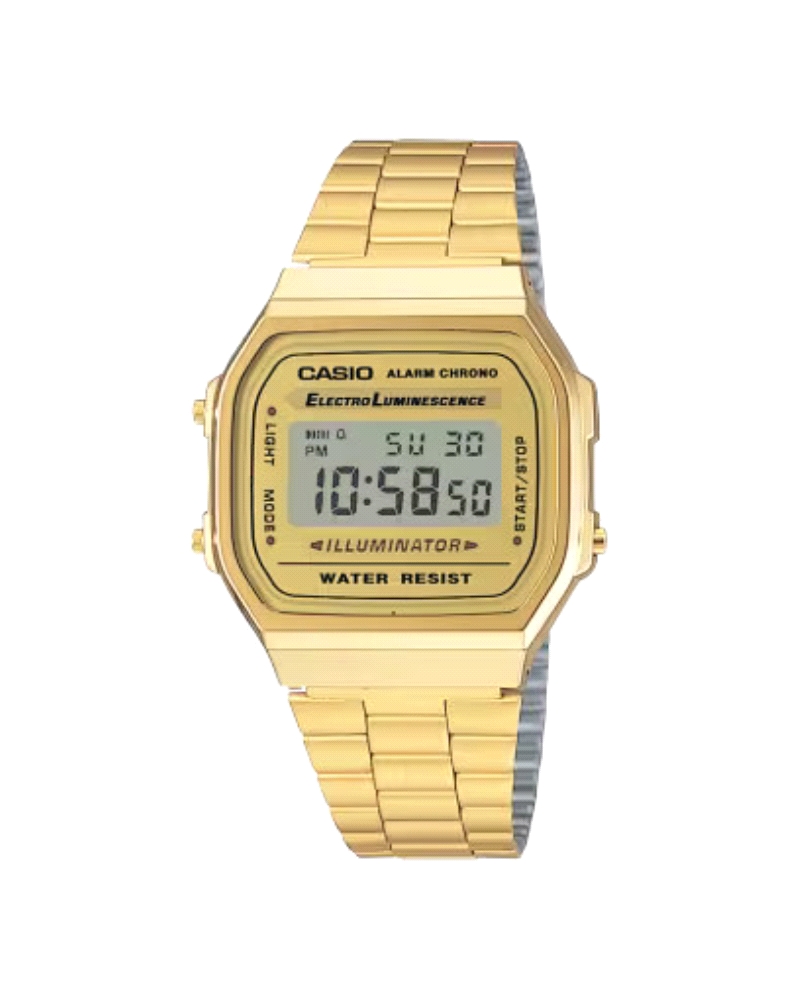 Reloj Casio A168WG-9EF cuenta con un panel electro-luminiscente que ilumina la esfera para facilitar la lectura. Incluye un cron