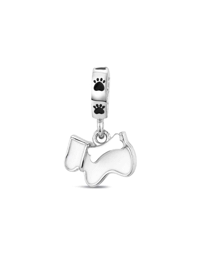 Abalorio de plata "Perro con esmalte blanco" es una encantadora pieza que celebra la amistad y lealtad de nuestros amigos canino
